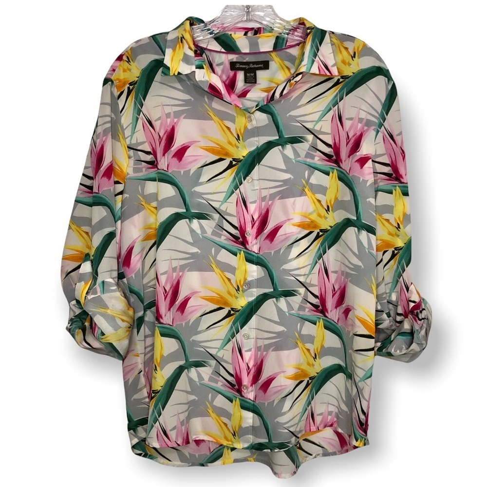 TOMMY BAHAMA 100% Silk Pink/Green/Yellow/Gray Tropical Floral Button Down Blouse